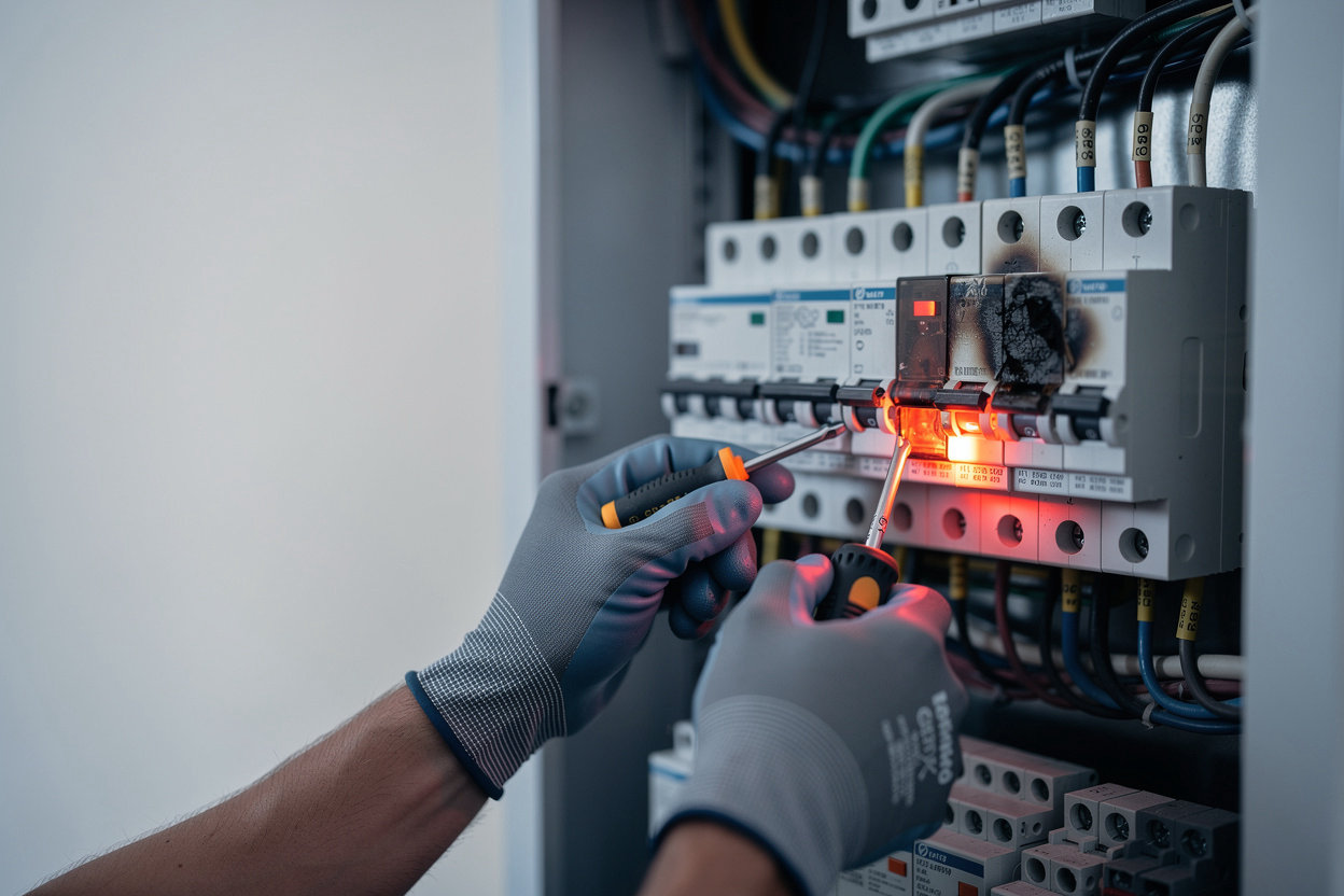Sperry Electric professional electrician inspecting breaker box for emergency electrical repairs in Gloucester, NJ